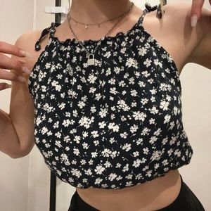 white flowered navy blue brandy melville tie tank top!